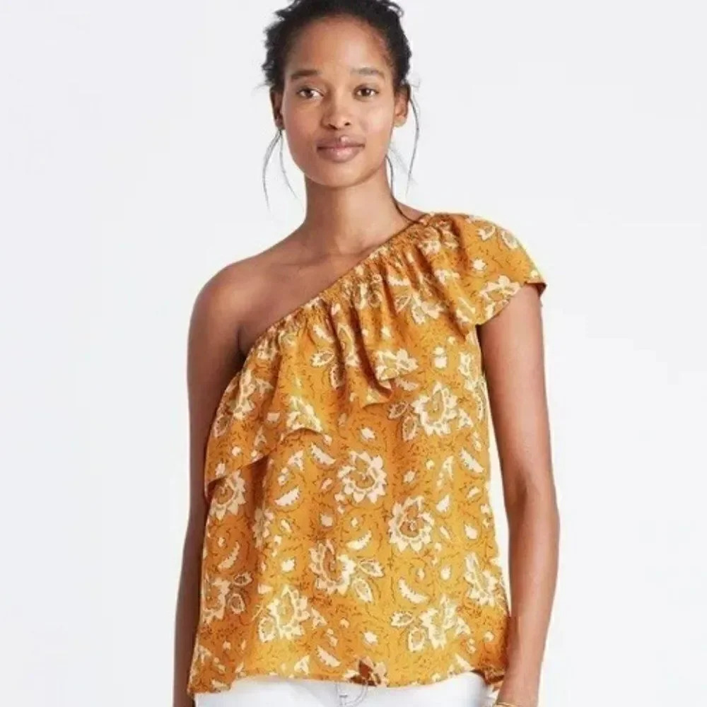 Madewell Assam Blouse Size Small 100% Silk One Shoulder Floral Yellow Gold White